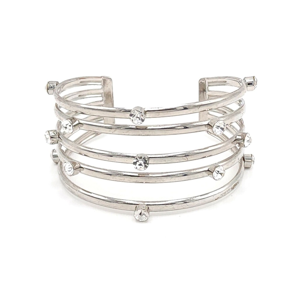Silver Tone Multi Band Open Cuff Bracelet Clear Rhinestone Accents 7.5 Inch